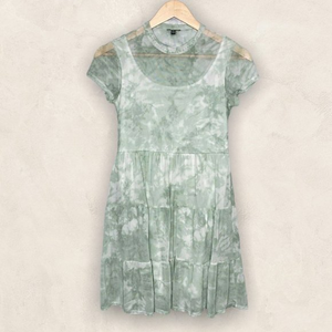 Lily Rose Size XS Green White Tie Dye‎ Tiered Babydoll Stretch Boho Mini Dress
